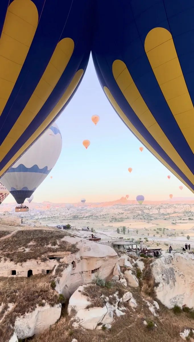 View through the open envelope of a hot air balloon over Cappadocia